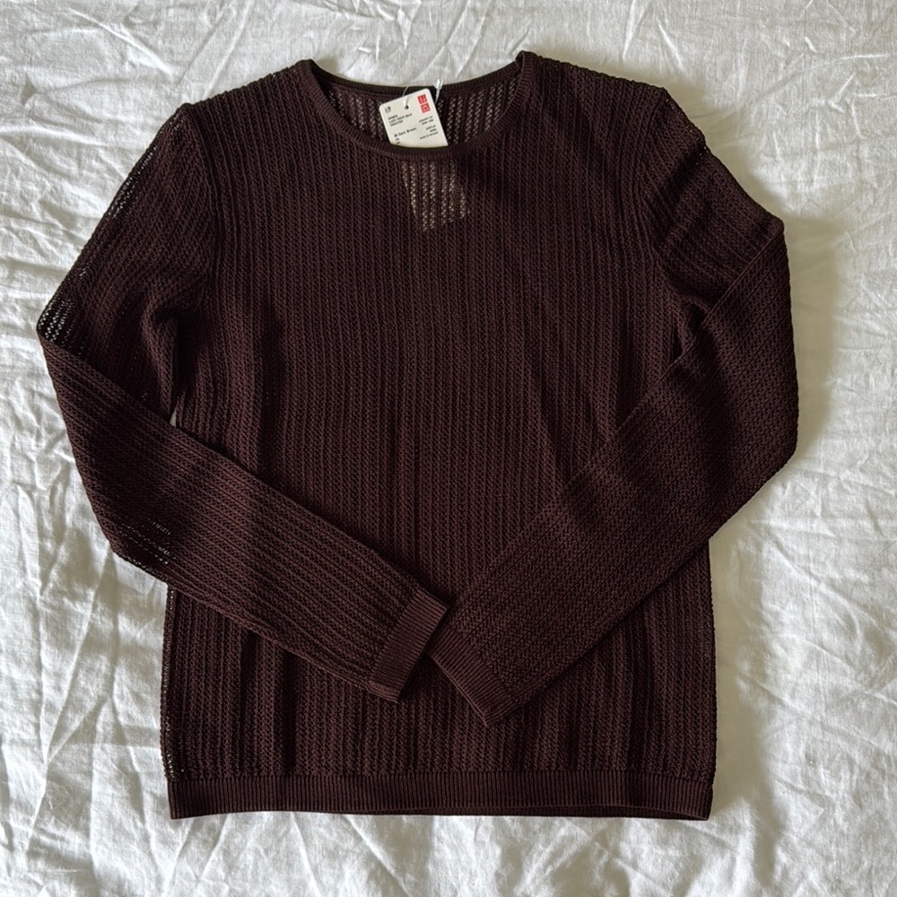 Uniqlo Women's Open-Knit Crewneck Sweater - Dark Brown